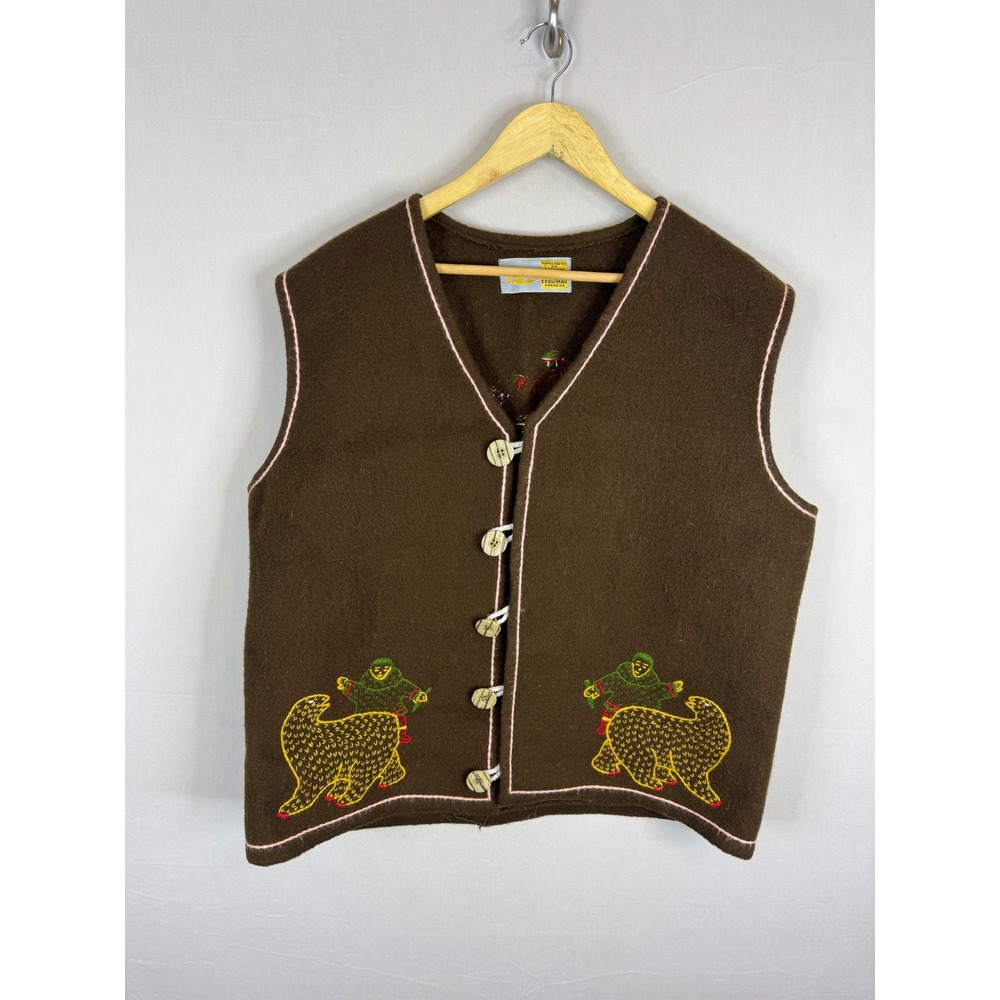 Vintage Handcrafted Canadian Eskimos Wool Vest Brown Embroidered Polar Bear‎ XL